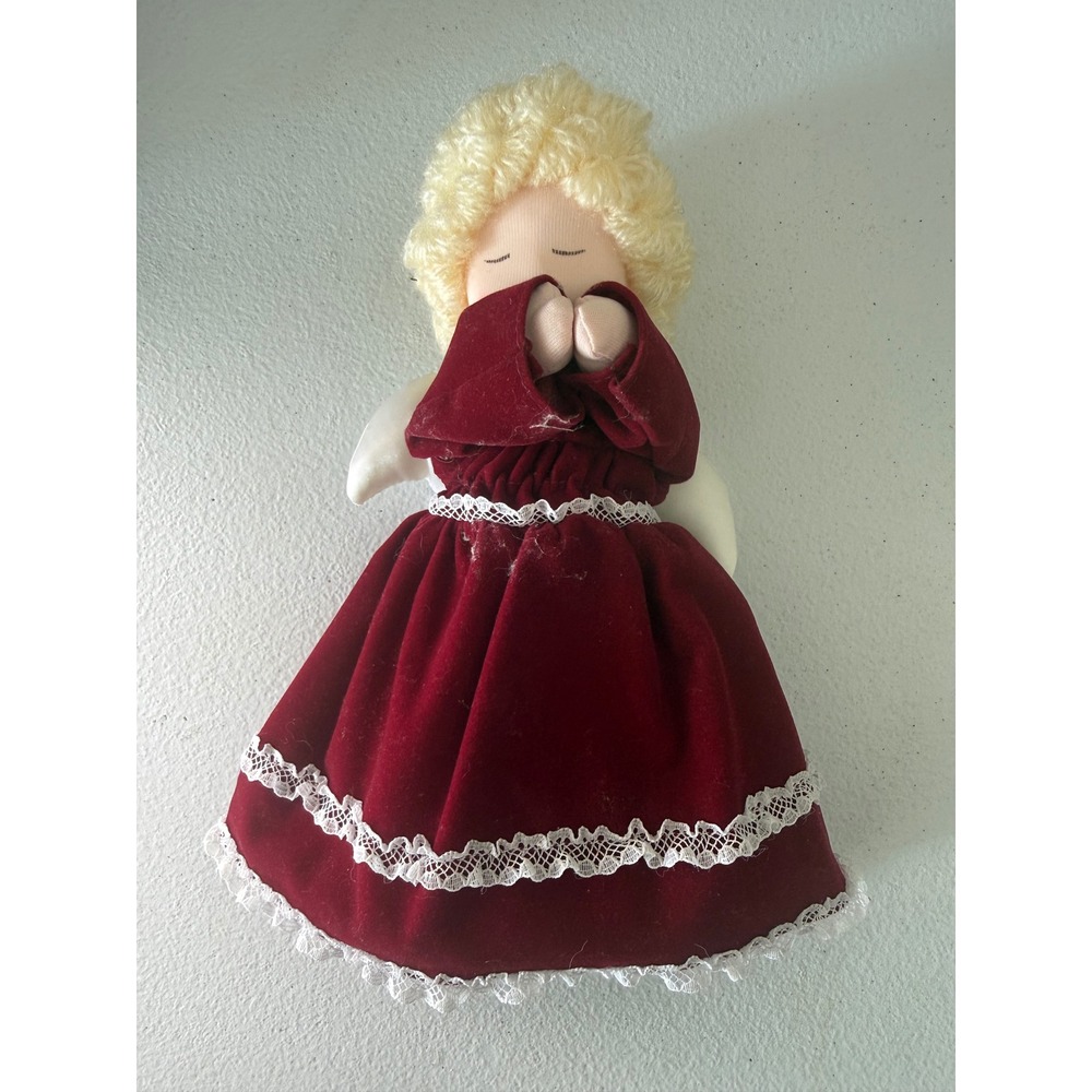 Vintage Russ Berrie Praying Angel Plush Doll Burgundy Velvet Lace Dress 2112